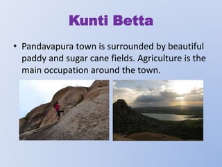 Kunti Betta
• Pandavapura town is surrounded by beautiful
paddy and sugar cane fields. Agriculture is the
main occupation around the town.

 