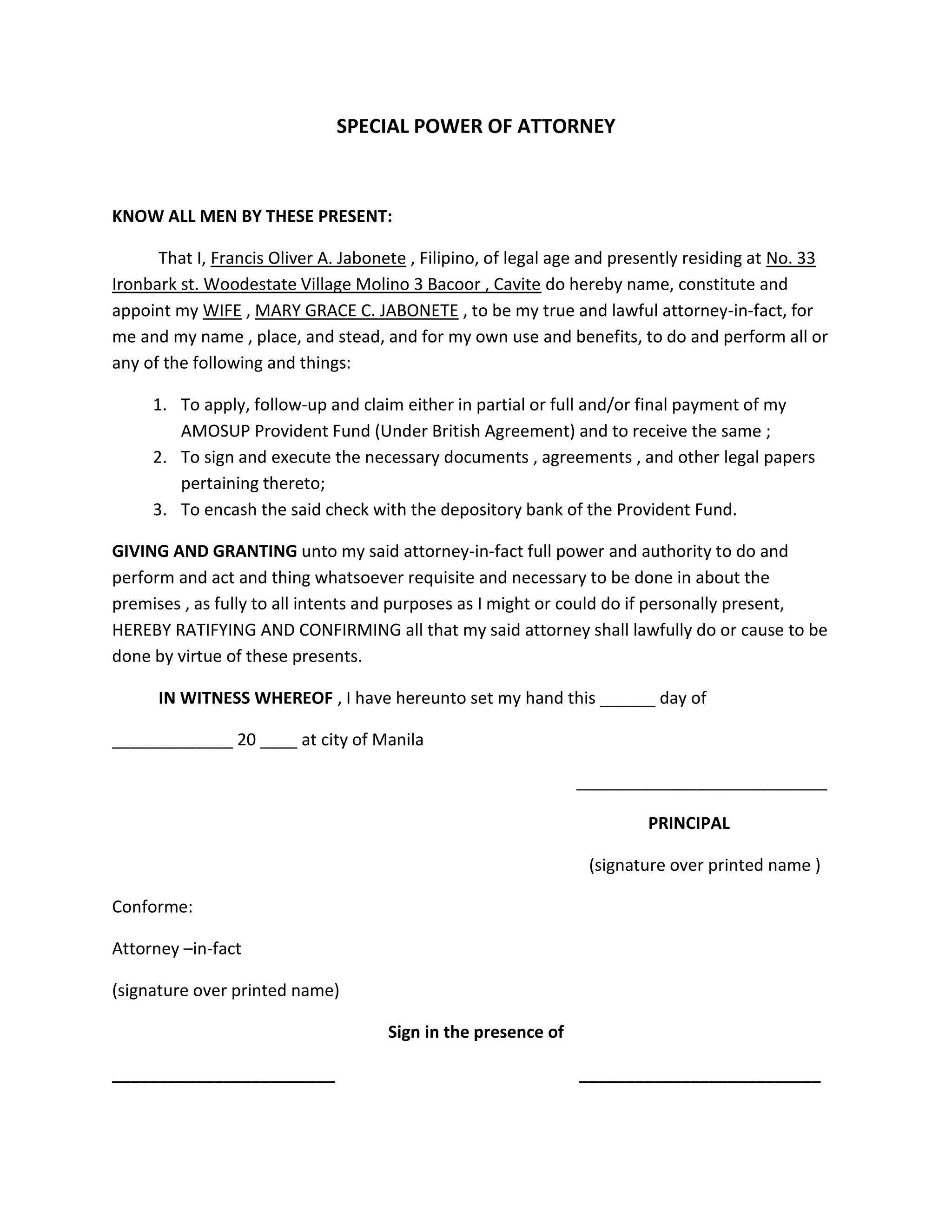 Special power of attorney | DOCX