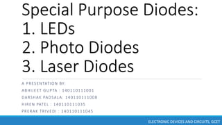 Special Purpose Diodes:
1. LEDs
2. Photo Diodes
3. Laser Diodes
A PRESENTATION BY:
ABHIJEET GUPTA : 140110111001
DARSHAK PADSALA: 140110111008
HIREN PATEL : 140110111035
PRERAK TRIVEDI : 140110111045
ELECTRONIC DEVICES AND CIRCUITS, GCET
 