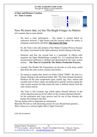 IN THE ALMIGHTY GOD NAME
Through the Mother of God mediation
I do this research
Gerges Francis Tawadrous/
2nd
Course student – physics Faculty – People's Friendship University – Moscow –Russia..
mrwaheid1@yahoo.com mrwaheid@gmail.com +201022532292
18
4-Time and Distance Creation
4-1 Time Creation
Now We know that, we See The Bright Fringes As Matters
let's examine that in some details
- We have a clear information…. The matter is created based on
coherence between 2 light beams and this process makes the matter is
changing continuously and that's The Source Of Time
- So, the Time is the side product of the Matter Creation Process because
the matter exist based on the light coherence which relating to the time
- Someone said that, the second time is a manmade! In (Moon orbit
equation- the Paper Methodology example No. 2) I explained How the
second period definition is defined and determined by the solar system
motion… The Time Is Created By The Matter Production Process..
- Actually The Double Slit Experiment can provide us with many useful
data about the solar system creation and motion…
- I'm trying to explain that, there's no Entity Called "TIME", the time is a
feature relating to the produced matter, But The Solar System Geometry
Produces all the time components (year, month, day, hour, minute and
second) each of these values are produced in specific motion among the
solar system motions for that reason the time is defined clearly from the
solar system motion
- The Time is The Creature Age which makes himself effective in the
whole education process by his effect on the creature (human) himself…
So the realization and Logic process can't be out of time because the
human life relating to the time
The last feature tells us important an information
Basically Provide us with interesting answer for our old and hard question…
Why is there no a velocity higher than C (light Velocity)?
Let's try to answer
 