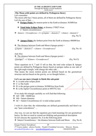 IN THE ALMIGHTY GOD NAME
Through the Mother of God mediation
I do this research
Gerges Francis Tawadrous/
2nd
Course student – physics Faculty – People's Friendship University – Moscow –Russia..
mrwaheid1@yahoo.com mrwaheid@gmail.com +201022532292
29
-The Moon orbit points are defined by Pythagoras theory
Let's remember
The moon orbit has 3 basic points, all of them are defined by Pythagoras theory
Let's be sure of that….
 Perigee Point: the nearest point to the Earth at distance 363000 km
 Total Solar Eclipse Point, at distance 378827.4 km
(= Saturn circumference)
 22 2
)()(2 diameterSaturndiameterJupiternceCircumfereSatunrn 
(Eq. No.7)
 Apogee Point: the farthest point from the Earth at distance 406000 km
 The distance between Earth and Moon (Apogee point) =
22 2
)()( nceCircumfereSaturndiameterJupiter  (Eq. No. 6)
And Also
 The distance between Earth and Moon (Apogee point) =
22 2
)(2/1)perigee( nceCircumfereSaturn  (Eq. No13)
These equations no 6, 7 and 13 tell us that, the total solar eclipse & Apogee
points are defined by Pythagoras theory based on perigee radius as one side of
the right-angle triangle, with change the other side…
That means the moon motion points are defined based on the geometrical
structure and not based on the gravity, as we thought before…
Let's see one more triangle to finish this sub-point
 A :is total solar eclipse point
 C: is The Earth
 D: is the perigee point at distance 363000 km from Earth
 B: is the Jupiter Circumference point at 449378.2 km
If we study this triangle carefully we will find that following
 AD = DB = 86000 km
 AB = Saturn diameter
 AC = Saturn Circumference (C is total eclipse point)
I wish it's clear that, the relationships are defined geometrically and there's no
any "pure coincidences" …
Any way, we can see that the equations give hard meanings for our geometrical
basics, for that we need to extend our thinking and geometrical description
So let's discuss the equation No, 4 in the following point
 Saturn Circumference = the distance between Earth and Moon (Eq. No.4)
 