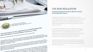 THE NEW REGULATION
3
On January 1, 2019, the out-going California Insurance
Commissioner banned the use of gender in setti...