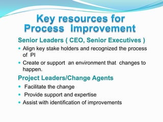 Key resources for          Process  Improvement  Senior Leaders ( CEO, Senior Executives )Align key stake holders and recognized the process of  PICreate or support  an environment that  changes to     happen.Project Leaders/Change AgentsFacilitate the change Provide support and expertiseAssist with identification of improvements