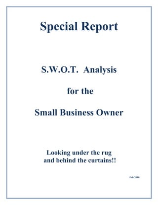 Special Report


 S.W.O.T. Analysis

          for the

Small Business Owner



   Looking under the rug
  and behind the curtains!!

                              Feb 2010
 