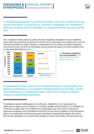 ΠΑΡΑΟΙΚΟΝΟΜΙΑ & ΕΠΙΧΕΙΡΗΜΑΤΙΚΟΤΗΤΑ
TEYXΟΣ 06 | 4 Απριλίου 2017 | σελ. 6 ΜΕ ΤΗΝ ΕΥΓΕΝΙΚΗ ΧΟΡΗΓΙΑ:
Η υπερβολική φορολόγηση της μισθωτής εργασίας, ειδικά όταν αμείβεται καλύτερα,
τιμωρεί δυσανάλογα τις οργανωμένες, νομοταγείς επιχειρήσεις που καταβάλλουν
καλύτερες αποδοχές (Δ3) και εγκλωβίζει την επιχειρηματικότητα στο μικρό μέγεθος
(Δ5).
Έτσι, υπερβολικά πολλές μικρές και μεσαίες ελληνικές επιχειρήσεις εγκλωβίζονται σε ένα περιβάλλον
χωρίς προοπτική μεγέθυνσης, με αρνητικές επιπτώσεις και στις εξαγωγικές τους επιδόσεις και εν τέλει στη
συνολική εξωστρέφεια της χώρας. Πράγματι, οι οργανωμένες και πιο μεγάλες σε μέγεθος επιχειρήσεις
είναι στατιστικά αυτές που είναι πιο εξωστρεφείς, έχοντας μεγαλύτερο μέρους του κύκλου εργασιών τους
σε εξαγωγικές δραστηριότητες (Δ7).
Ο εγκλωβισμός μεγάλου μέρους της επιχειρηματικότητας στο μικρό μέγεθος είναι
άρρηκτα συνδεδεμένος με την αυξημένη παραοικονομία και ατυπία (Δ8), η οποία
είναι αποτέλεσμα των υπερβολικών φόρων, ειδικά όταν οι έλεγχοι εστιάζονται
κυρίως στις μεγαλύτερες επιχειρήσεις.
Οι εργαζόμενοι υψηλών προδιαγραφών και εξειδίκευσης, προσβλέπουν στην παραγωγικότητα
οργανωμένων σχημάτων για να μπορέσουν να πετύχουν αμοιβές που θα επιτρέψουν την απόσβεση της
επένδυσης που έχουν κάνει στην εκπαίδευση και το βιογραφικό τους. Όταν λοιπόν, αποχωρεί μια
οργανωμένη επιχείρηση από την Ελλάδα μεταναστεύουν και αυτοί (όπως συμβαίνει τα τελευταία χρόνια),
καθώς τα μη οργανωμένα και κατά κανόνα μικρά εγκλωβισμένα επιχειρηματικά σχήματα, δεν είναι σε
θέση να τους προσφέρουν ούτε ικανοποιητικές αμοιβές ούτε προοπτικές εξέλιξης. Και φυσικά μαζί τους
Δ7. Οι μεγάλες επιχειρήσεις
είναι πιο εξωστρεφείς. (ECB,
SAFE H1 2016. Για σύνολο
χωρών ζώνης ευρώ)
 