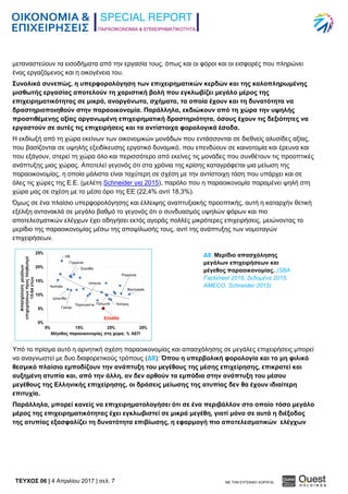 ΠΑΡΑΟΙΚΟΝΟΜΙΑ & ΕΠΙΧΕΙΡΗΜΑΤΙΚΟΤΗΤΑ
TEYXΟΣ 06 | 4 Απριλίου 2017 | σελ. 7 ΜΕ ΤΗΝ ΕΥΓΕΝΙΚΗ ΧΟΡΗΓΙΑ:
μεταναστεύουν τα εισοδήματα από την εργασία τους, όπως και οι φόροι και οι εισφορές που πληρώνει
ένας εργαζόμενος και η οικογένεια του.
Συνολικά συνεπώς, η υπερφορολόγηση των επιχειρηματικών κερδών και της καλοπληρωμένης
μισθωτής εργασίας αποτελούν τη χαριστική βολή που εγκλωβίζει μεγάλο μέρος της
επιχειρηματικότητας σε μικρά, ανοργάνωτα, σχήματα, τα οποία έχουν και τη δυνατότητα να
δραστηριοποιηθούν στην παραοικονομία. Παράλληλα, εκδιώκουν από τη χώρα την υψηλής
προστιθέμενης αξίας οργανωμένη επιχειρηματική δραστηριότητα, όσους έχουν τις δεξιότητες να
εργαστούν σε αυτές τις επιχειρήσεις και τα αντίστοιχα φορολογικά έσοδα.
Η εκδίωξή από τη χώρα εκείνων των οικονομικών μονάδων που εντάσσονται σε διεθνείς αλυσίδες αξίας,
που βασίζονται σε υψηλής εξειδίκευσης εργατικό δυναμικό, που επενδύουν σε καινοτομία και έρευνα και
που εξάγουν, στερεί τη χώρα όλο και περισσότερο από εκείνες τις μονάδες που συνθέτουν τις προοπτικές
ανάπτυξης μιας χώρας. Αποτελεί γεγονός ότι στα χρόνια της κρίσης καταγράφεται μια μείωση της
παραοικονομίας, η οποία μάλιστα είναι ταχύτερη σε σχέση με την αντίστοιχη τάση που υπάρχει και σε
όλες τις χώρες της Ε.Ε. (μελέτη Schneider για 2015), παρόλο που η παραοικονομία παραμένει ψηλή στη
χώρα μας σε σχέση με το μέσο όρο της ΕΕ (22,4% αντί 18,3%).
Όμως σε ένα πλαίσιο υπερφορολόγησης και έλλειψης αναπτυξιακής προοπτικής, αυτή η καταρχήν θετική
εξέλιξη αντανακλά σε μεγάλο βαθμό το γεγονός ότι ο συνδυασμός υψηλών φόρων και πιο
αποτελεσματικών ελέγχων έχει οδηγήσει εκτός αγοράς πολλές μικρότερες επιχειρήσεις, μειώνοντας το
μερίδιο της παραοικονομίας μέσω της αποψίλωσής τους, αντί της ανάπτυξης των νομοταγών
επιχειρήσεων.
Υπό το πρίσμα αυτό η αρνητική σχέση παραοικονομίας και απασχόλησης σε μεγάλες επιχειρήσεις μπορεί
να αναγνωστεί με δυο διαφορετικούς τρόπους (Δ8): Όπου η υπερβολική φορολογία και το μη φιλικό
θεσμικό πλαίσιο εμποδίζουν την ανάπτυξη του μεγέθους της μέσης επιχείρησης, επικρατεί και
αυξημένη ατυπία και, από την άλλη, αν δεν αρθούν τα εμπόδια στην ανάπτυξη του μέσου
μεγέθους της Ελληνικής επιχείρησης, οι δράσεις μείωσης της ατυπίας δεν θα έχουν ιδιαίτερη
επιτυχία.
Παράλληλα, μπορεί κανείς να επιχειρηματολογήσει ότι σε ένα περιβάλλον στο οποίο τόσο μεγάλο
μέρος της επιχειρηματικότητας έχει εγκλωβιστεί σε μικρά μεγέθη, γιατί μόνο σε αυτά η διέξοδος
της ατυπίας εξασφαλίζει τη δυνατότητα επιβίωσης, η εφαρμογή πιο αποτελεσματικών ελέγχων
Δ8. Μερίδιο απασχόλησης
μεγάλων επιχειρήσεων και
μέγεθος παραοικονομίας. (SBA
Factsheet 2016, δεδομένα 2015,
AMECO, Schneider 2015)
 