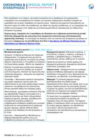 ΕΞΟΡΥΚΤΙΚΕΣ ΔΡΑΣΤΗΡΙΟΤΗΤΕΣ
TEYXΟΣ 10 | 11 Ιουλίου 2017 | σελ. 11
Όλοι εργαζόμενοι των εταιριών, εξωτερικοί συνεργάτες και οι εργαζόμενοι στις μικρομεσαίες
επιχειρήσεις που συνεργάζονται στο πλαίσιο των σχετικών παραγωγικών αλυσίδων μπορούν να
ωφεληθούν και να έχουν πρόσβαση στη σχετική γνώση. Πρόκειται για σημαντική πρωτοβουλία του
ιδιωτικού τομέα στο πεδίο της εκπαίδευσης, και ειδικά της τεχνικής εκπαίδευσης, με τις επιχειρήσεις του
κλάδου να λειτουργούν στην πράξη και ως αποκεντρωμένα δίκτυα ενδυνάμωσης του ανθρωπίνου
δυναμικού της χώρας.
Κυρίως όμως, παραμένει ότι η προώθηση του διαλόγου και η εδραίωση εμπιστοσύνης μεταξύ
Πολιτείας, βιομηχανίας και κοινωνίας είναι απαραίτητο συστατικό μιας αποτελεσματικής
εξορυκτικής πολιτικής. Η υποστήριξη του διαλόγου από την πολιτεία είναι απαραίτητη και κρίσιμο να
διενεργείτε σύμφωνα με τις κατευθύνσεις που δίνει ο 4ος άξονας της Εθνικής Πολιτικής για την
Αξιοποίηση των Ορυκτών Πρώτων Υλών.
Δ7. Βασικές κατηγορίες ορυκτών Πηγή: ΥΠΕΚΑ, ΣΜΕ, orykta.gr
Μεταλλευτικά ορυκτά:
Λατερίτης: Το βασικό μετάλλευμα για παραγωγή
σιδηρονικελίου. Η παραγωγή είναι μια από τις
μεγαλύτερες στην Ευρώπη, το σύνολο της οποίας
εξάγεται, καλύπτοντας το 7% σχεδόν των αναγκών
της Ευρωπαϊκής αγοράς. (Βλέπε και παρακάτω).
Βωξίτης: Η μεγαλύτερη μεταλλευτική παραγωγή
της χώρας και πρώτη σε μέγεθος για το ορυκτό
αυτό στην Ευρώπη. Αποτελεί την πρώτη ύλη στην
παραγωγή αλουμίνας – αλουμινίου και σημαντικό
εξαγωγικό προϊόν.
Λευκόλιθος – Μαγνησιακά προϊόντα: Διενεργείται
μια μεγάλη παραγωγή πρώτης ύλης που
καθετοποιείται σε μια πολύ μεγάλη γκάμα τελικών
προϊόντων που βασίζονται στη καυστική και
δίπυρη μαγνησία καθώς και πυρίμαχες μάζες.
Μεικτά θειούχα - χρυσοφόρα κοιτάσματα: Όταν θα
έχει αδειοδοτηθεί πλήρως η λειτουργία τότε η
χώρα θα αποκτήσει και τελική πολυμεταλλική
παραγωγή (χρυσός, άργυρος, μόλυβδος κλπ).
Συντηρητικές εκτιμήσεις με βάση τα
επιβεβαιωμένα αποθέματα προβλέπουν συνολικά
έσοδα από την πολυμεταλλική αυτή παραγωγή
χρυσού, άργυρου, χαλκού αλλά και άλλων
μετάλλων στην Χαλκιδική που θα ξεπερνάνε τα
€1.2 δισ.
Χουντίτης – υδρομαγνησίτης: Μετάλλευμα με
διάφορες βιομηχανικές χρήσεις όπως ως
επιβραδυντής καύσης και ως υλικό στα πολυμερή.
Βιομηχανικά ορυκτά: Ενδεικτικά ο καολίνης, ο
μπεντονίτης, ο γύψος, ο περλίτης, η κίσσηρις, ο
χαλαζίας, η χαλαζιακή άμμος, η ποζολάνη, ο
αταπουλγίτης, άστριοι, ολιβίνης και το πυριτικό.
Πρόκειται για ορυκτά με πολλές χρήσεις στη
βιομηχανία (κατασκευές, βιομηχανικό εξοπλισμό,
καλλυντικά, ζωοτροφές, κοκ).
Αδρανή υλικά: Προέρχονται από την απόληψη
φυσικών αποθέσεων θραυσμάτων και εξόρυξη
κατάλληλων πετρωμάτων τους. Αξιοποιούνται στις
κατασκευές, την οδοποιία, τη μεταλλουργία, κοκ.
Μάρμαρα: Το ελληνικό μάρμαρο κατέχει
δεσπόζουσα θέση στη διεθνή αγορά.
Παρατηρούνται δυο τάσεις στην αγορά, Από τη μια
έχουμε τεράστια μείωση της εσωτερικής ζήτησης
τα χρόνια της κρίσης, ενώ από την άλλη βλέπουμε
ανάπτυξη των εξαγωγών και αυξημένη ζήτηση,
ιδιαίτερα για λευκό μάρμαρο, διεθνώς.
Οι προοπτικές του μαρμάρου παραμένουν θετικές
με αναμενόμενη αύξηση της ζήτησης και
παρόμοιες τιμές στο εγγύς μέλλον. Ταυτόχρονα
βέβαια, οι προκλήσεις πρέπει να αντιμετωπιστούν.
Σε γενικές γραμμές αφορούν την αδειοδότηση
νέων έργων, έρευνες και εύρεση νέων
κοιτασμάτων και εκμετάλλευση μη εμπορεύσιμων
ογκομαρμάρων κοκ.
 