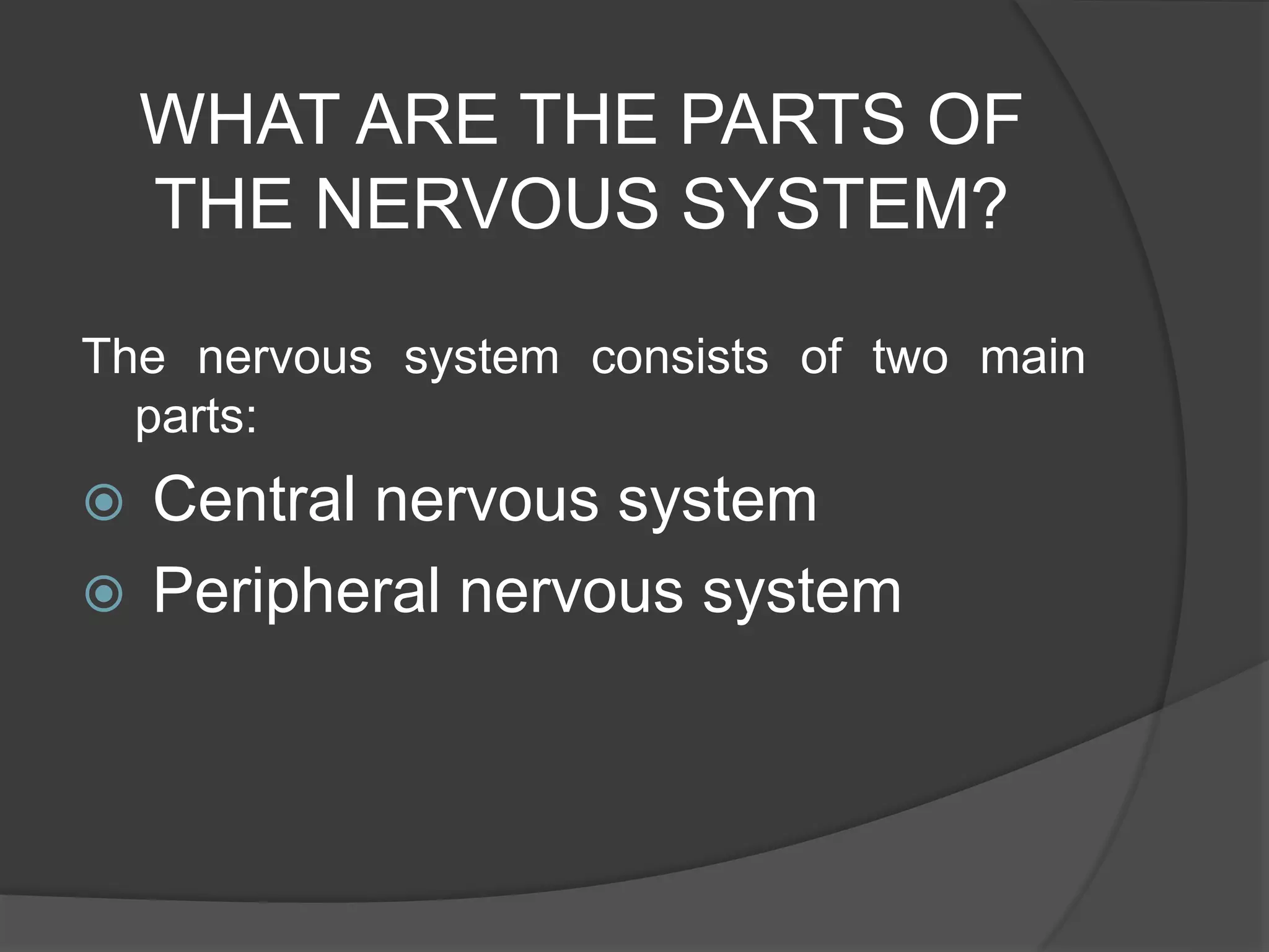 WHAT ARE THE PARTS OF
THE NERVOUS SYSTEM?
The nervous system consists of two main
parts:
 Central nervous system
 Peripheral nervous system
 