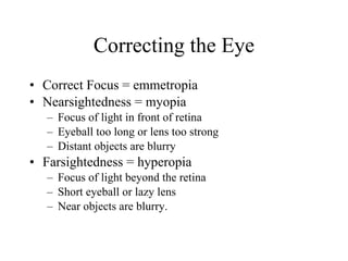 Correcting the Eye Correct Focus = emmetropia Nearsightedness = myopia Focus of light in front of retina Eyeball too long or lens too strong Distant objects are blurry Farsightedness = hyperopia Focus of light beyond the retina Short eyeball or lazy lens Near objects are blurry. 