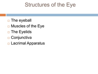 Structures of the Eye
The eyeball
Muscles of the Eye
The Eyelids
Conjunctiva
Lacrimal Apparatus