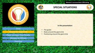 Draw
In this presentation:
• The goalie
• Rules around the goal circle
• Positioning around the goal circle
Women's Lacrosse Basic Officiating
SPECIAL SITUATIONS
video
Around the Goal Circle
Player serving a Time Penalty
Mistakes by Officials
Overtime
 