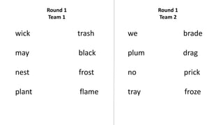 Round 1
Team 1
wick trash
may black
nest frost
plant flame
we brade
plum drag
no prick
tray froze
Round 1
Team 2
 