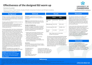 Discussion 
Conclusion 
In the present study, the designed warm up 
significantly improved upper body muscular strength 
and endurance, however abdominal strength and 
endurance and flexibility were not significantly 
improved. The results support the research hypothesis. 
Implementing this BJJ designed warm up program with 
conjunction of BJJ is beneficial in improving strength 
and flexibility. 
CRICOS #00212K 
Effectiveness of the designed BJJ warm up 
Nurbolat Kuandyk 
National Institute of Sport Studies, Faculty of Health, University of Canberra and Hill Sports Academy. 
u3066466@uni.canberra.edu.au 
Background Methods 
Brazilian Jiu Jitsu (BJJ) is a grappling-combat based martial 
art, which is becoming very popular sport in the world (1). 
Due to fast growth of the art and increase in participation, 
risk of injuries increase. 
One way to reduce the likelihood of injuries is to warm up 
properly before each class (2). 
Past research show that static stretching before exercise 
can have detrimental effects on performance in BJJ 
athletes (3), but dynamic stretching before exercise can 
increase performance (4). 
Hill Sport Academy offers many classes including Brazilian 
Jiu Jitsu. Being predominantly a judo based martial arts 
gym, the warm up for BJJ is similar to the judo warm up. 
Therefore, there is a need for a specific BJJ warm up to be 
designed. This warm up specifically designed for BJJ 
involves similar movements during rolling or executing a 
technique. Thus not only this warm up will try to get the 
body ready to train, but also condition the body to these 
fundamental movements that are crucial aspect of BJJ. 
Majority of the members taking the class have a tight 
schedule and BJJ class is the only type of fitness they 
perform during the week and often don’t have time for 
strength and conditioning programs. Another purpose 
was to design a warm up that could potentially improve 
strength and flexibility of the participant. This designed 
warm up might be beneficial in improving their strength 
and flexibility while warming up specifically for BJJ 
movements. 
Hypothesis: The designed warm up program with 
conjunction of BJJ will have beneficial effects on strength 
and flexibility of the participants after 6 weeks. 
Methods Results 
Participants: 12 (age M=26.17±5.2) Hill Sport 
Academy members were recruited to participate in 
this research. 
Design: Quasi-experimental design was used in this 
study. Participants’ initial test scores were compared 
to post intervention scores after 6 weeks. 
Strength and Flexibility Tests: 
Participants completed the tests after 10 minutes of 
light warm up (jogging). All participants completed 
one test at a time ensuring rest times between tests. 
Participants completed the same tests before and 
after the 6 week intervention. 
• Maximum push up test (basic protocol) to assess 
upper body muscular strength and endurance 
• Maximum pull up test (basic protocol) to assess 
upper body muscular strength 
• 1 minute sit up test (basic protocol) to assess 
abdominal strength and endurance 
• Sit and Reach test (modified using rowing 
machine’s sliding bench) to assess flexibility of the 
lower back and hamstrings 
Intervention: 
There are 3 BJJ classes per week (Tuesday, Thursday 
and Saturday). The designed warm up was included at 
the start of each class for 6 weeks. 
The designed warm up: 
1) Forward rolls x 2 
2) Backward rolls x 2 
3) Hip escapes x 1 
4) Side kicks x 10 
5) Step overs x20 
6) Hip bridges to the side and to 
turtle, to initial position x 10 
This study was conducted to see the effects of the 
designed warm up for BJJ class on strength and 
flexibility of the participants. The result showed that on 
average participants improved their strength and 
flexibility after the 6 weeks intervention. In particular, 
most significant improvement was in the upper body 
muscular strength and endurance based on maximum 
push up and pull up tests. 
Previous study shows that BJJ players exhibit excellent 
upper body muscular strength and endurance and 
average flexibility (5). Hence, the main limitation to this 
study was that the improvements the participants 
made after 6 weeks of intervention can be purely due 
to training in BJJ alone and not in designed BJJ warm 
up. Other limitations include attendance of the 
members. Some members skipped practice during the 
6 weeks of intervention and three of the participants 
did extra training outside BJJ classes. 
Purpose: To see the effects of 
designed BJJ warm up on strength 
and flexibility of the participants 
after 6 weeks. 
Max push 
ups 
Max pull ups 11.4 ± 4.4 12.1 ± 4.2 
1 min sit ups 49 ± 10.9 51.08 ± 11.2 
Sit and 
reach 
7) Hip raises with triangles x 15 
8) Wrestlers sit outs with partner x 10 
9) Complex (inch worm, hindu push up, 
lunge, side turn, step through, bridge, 
step back, other side, frog leap) x5 
References 
Before After 
31.9 ± 11.51 34 ± 11.8 
-1.7 ± 6.3 -1.3 ± 6.5 
Table 1. Mean scores on 4 tests before 
and after the intervention. 
The data was recorded and analysed Statistical Package 
for the Social Sciences (SPSS for Windows, version 14, 
SPSS Inc., Chicago, IL). Paired T test was used to see the 
differences between pre and post intervention scores. 
Table 1 represents the mean scores of the 4 tests pre 
and post intervention. All of the mean scores on each 
test improved after the 6 week intervention, however 
only maximum push up test(p>0.002) and maximum 
pull up test(p>0.021) post test scores were significantly 
different to initial scores. 
1. International Brazilian Jiu-Jitsu Federation (IBJJF). The history of brazilian jiu-jitsu. 
2. Safran, M.R., Seaker, A.V., & Garrett Jr., W.E. (1989). Warm-up and Muscular injury Prevention. An update. Sport Medicine, 8(4), pp. 239-249. 
3. Costa, E.C., Santos, C.M., Prestes, J., Silva, J.B., Knackfuss, M.I. (2009). Acute effect of static stretching on the strength performance of jiu-jitsu athletes in horizontal bench press. Fit Perf J, 8(3), 212-217. 
4. Yamaguchi, T., & Ishii, K. (2005). Effects of static stretching for 30 seconds and dynamic stretching on leg extension power. J Strength Cond Res, 19(3), 677-83. 
5. Andreato, L.V., Franzoi de Moraes, S.M., Lopes de Moraes Gomes, T., Del Conti Esteves, J.V., Andreato, T.V., Franchini, E. (2011). Estimated aerobic power, muscular strength and flexibility in elite Brazilian Jiu Jitsu athletes. Science & Sports, 26, 
329-337. 
