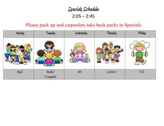 Specials Schedule
2:05 – 2:45
Please pack up and carpoolers take back packs to Specials
Monday Tuesday Wednesday Thursday Friday
Music Media/
Computer
Art Science P.E.
 