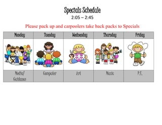 Specials Schedule
2:05 – 2:45
Please pack up and carpoolers take back packs to Specials
Monday Tuesday Wednesday Thursday Friday
Media/
Guidance
Computer Art Music P.E.
 