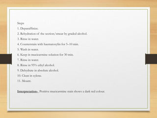 Steps
1. Deparaffinize.
2. Rehydration of the section/smear by graded alcohol.
3. Rinse in water.
4. Counterstain with haematoxylin for 5–10 min.
5. Wash in water.
6. Keep in mucicarmine solution for 30 min.
7. Rinse in water.
8. Rinse in 95% ethyl alcohol.
9. Dehydrate in absolute alcohol.
10. Clean in xylene.
11. Mount.
Interpretation- Positive mucicarmine stain shows a dark red colour.
 