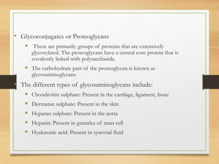 • Glycoconjugates or Proteoglycans
 These are primarily groups of proteins that are extensively
glycosylated. The proteoglycans have a central core protein that is
covalently linked with polysaccharide.
 The carbohydrate part of the proteoglycan is known as
glycosaminoglycans.
• The different types of glycosaminoglycans include:
 Chondroitin sulphate: Present in the cartilage, ligament, bone
 Dermatan sulphate: Present in the skin
 Heparan sulphate: Present in the aorta
 Heparin: Present in granules of mast cell
 Hyaluronic acid: Present in synovial fluid
 