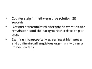 • Counter stain in methylene blue solution, 30
seconds.
• Blot and differentiate by alternate dehydration and
rehydration until the background is a delicate pale
blue.
• Examine microscopically screening at high power
and confirming all suspicious organism with an oil
immersion lens.
 