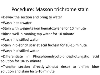 Pocedure: Masson trichrome stain
•Dewax the section and bring to water
•Wash in tap water
•Stain with weigerts iron hematoxylene for 10 minute
•Rinse well in running tap water for 10 minute
•Wash in distilled water
•Stain in biebrich scarlet acid fuchsin for 10-15 minute
•Wash in distilled water.
•Differentiate in Phosphomolybdic-phosphotungstic acid
solution for 10-15 minute
•Transfer section directly(without rinse) to aniline blue
solution and stain for 5-10 minute
 