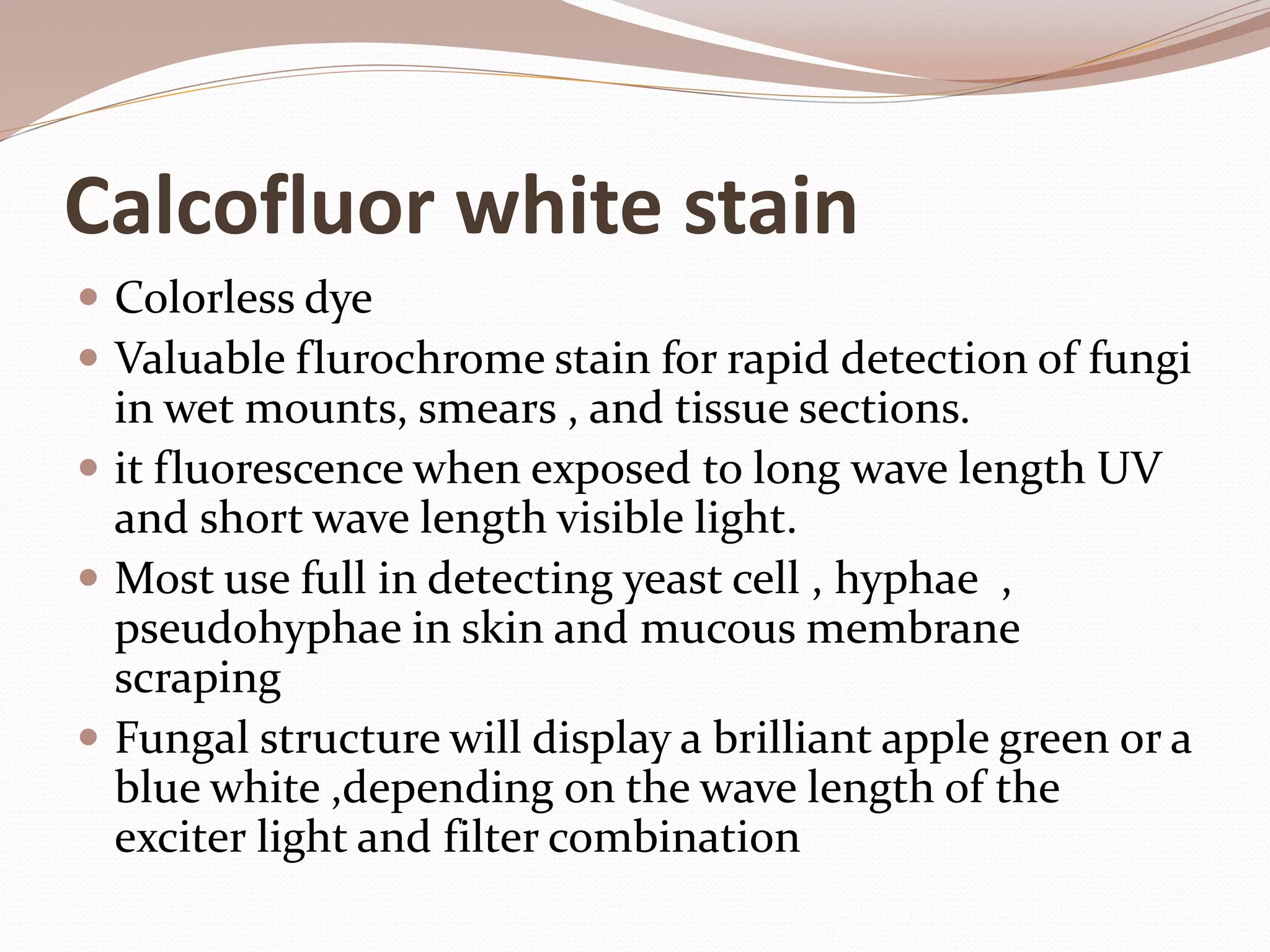 Calcofluor white stain
 Colorless dye
 Valuable flurochrome stain for rapid detection of fungi
in wet mounts, smears , and tissue sections.
 it fluorescence when exposed to long wave length UV
and short wave length visible light.
 Most use full in detecting yeast cell , hyphae ,
pseudohyphae in skin and mucous membrane
scraping
 Fungal structure will display a brilliant apple green or a
blue white ,depending on the wave length of the
exciter light and filter combination
 