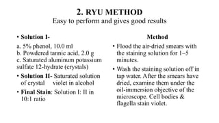 2. RYU METHOD
Easy to perform and gives good results
• Solution I-
a. 5% phenol, 10.0 ml
b. Powdered tannic acid, 2.0 g
c. Saturated aluminum potassium
sulfate 12-hydrate (crystals)
• Solution II- Saturated solution
of crystal violet in alcohol
• Final Stain: Solution I: II in
10:1 ratio
Method
• Flood the air-dried smears with
the staining solution for 1–5
minutes.
• Wash the staining solution off in
tap water. After the smears have
dried, examine them under the
oil-immersion objective of the
microscope. Cell bodies &
flagella stain violet.
 