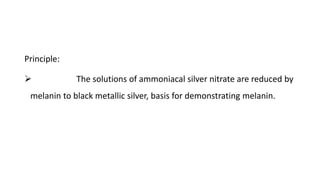 Principle:
 The solutions of ammoniacal silver nitrate are reduced by
melanin to black metallic silver, basis for demonstrating melanin.
 