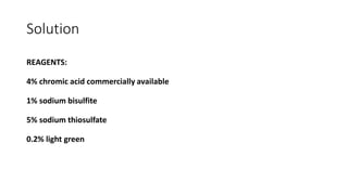 Solution
REAGENTS:
4% chromic acid commercially available
1% sodium bisulfite
5% sodium thiosulfate
0.2% light green
 