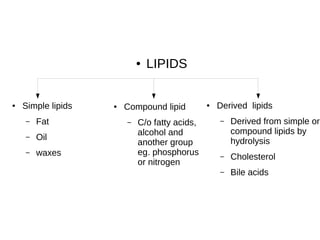● LIPIDS
● Simple lipids
– Fat
– Oil
– waxes
● Compound lipid
– C/o fatty acids,
alcohol and
another group
eg. phosphorus
or nitrogen
● Derived lipids
– Derived from simple or
compound lipids by
hydrolysis
– Cholesterol
– Bile acids
 