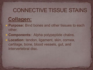 Collagen:
 Purpose: Bind bones and other tissues to each
other.
 Components: Alpha polypeptide chains.
 Location: tendon, ligament, skin, cornea,
cartilage, bone, blood vessels, gut, and
intervertebral disc.
 