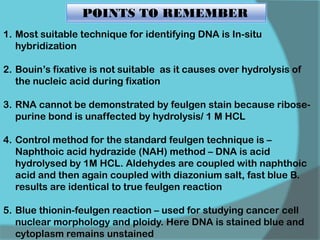 1. Most suitable technique for identifying DNA is In-situ
hybridization
2. Bouin’s fixative is not suitable as it causes over hydrolysis of
the nucleic acid during fixation
3. RNA cannot be demonstrated by feulgen stain because ribose-
purine bond is unaffected by hydrolysis/ 1 M HCL
4. Control method for the standard feulgen technique is –
Naphthoic acid hydrazide (NAH) method – DNA is acid
hydrolysed by 1M HCL. Aldehydes are coupled with naphthoic
acid and then again coupled with diazonium salt, fast blue B.
results are identical to true feulgen reaction
5. Blue thionin-feulgen reaction – used for studying cancer cell
nuclear morphology and ploidy. Here DNA is stained blue and
cytoplasm remains unstained
POINTS TO REMEMBER
 