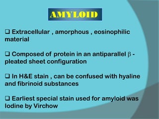 AMYLOID
 Extracellular , amorphous , eosinophilic
material
 Composed of protein in an antiparallel  -
pleated sheet configuration
 In H&E stain , can be confused with hyaline
and fibrinoid substances
 Earliest special stain used for amyloid was
Iodine by Virchow
 