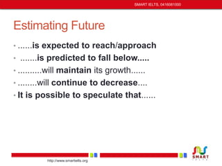 Estimating Future 
• ......is expected to reach/approach 
• .......is predicted to fall below..... 
• ..........will maintain its growth...... 
• ........will continue to decrease.... 
• It is possible to speculate that...... 
http://www.smartielts.org 
SMART IELTS, 0416081000 
 