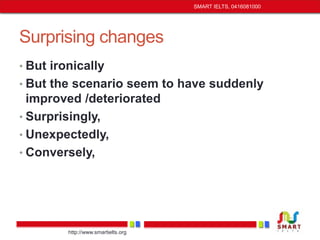 Surprising changes 
• But ironically 
• But the scenario seem to have suddenly 
improved /deteriorated 
• Surprisingly, 
• Unexpectedly, 
• Conversely, 
http://www.smartielts.org 
SMART IELTS, 0416081000 
 