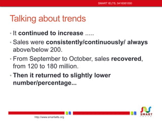 Talking about trends 
• It continued to increase ..... 
• Sales were consistently/continuously/ always 
above/below 200. 
• From September to October, sales recovered, 
from 120 to 180 million. 
• Then it returned to slightly lower 
number/percentage... 
http://www.smartielts.org 
SMART IELTS, 0416081000 
 