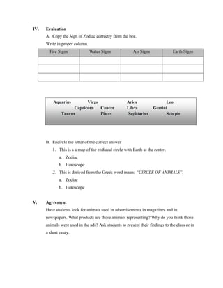 IV.

Evaluation
A. Copy the Sign of Zodiac correctly from the box.
Write in proper column.
Fire Signs

Water Signs

Aquarius

Virgo
Capricorn
Cancer
Taurus
Pisces

Air Signs

Aries
Libra
Sagittarius

Earth Signs

Leo
Gemini
Scorpio

B. Encircle the letter of the correct answer
1. This is s a map of the zodiacal circle with Earth at the center.
a. Zodiac
b. Horoscope
2. This is derived from the Greek word means “CIRCLE OF ANIMALS”.
a. Zodiac
b. Horoscope

V.

Agreement
Have students look for animals used in advertisements in magazines and in
newspapers. What products are those animals representing? Why do you think those
animals were used in the ads? Ask students to present their findings to the class or in
a short essay.

 