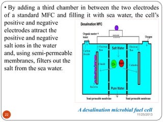 • By adding a third chamber in between the two electrodes
of a standard MFC and filling it with sea water, the cell’s
positive and negative
electrodes attract the
positive and negative
salt ions in the water
and, using semi-permeable
membranes, filters out the
salt from the sea water.
A desalination microbial fuel cell
22 11/25/2013
 
