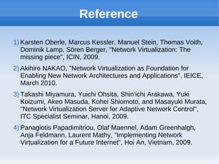 Reference

1) Karsten Oberle, Marcus Kessler, Manuel Stein, Thomas Voith,
   Dominik Lamp, Sören Berger, "Network Virtualization: The
   missing piece", ICIN, 2009.
2) Akihiro NAKAO, "Network Virtualization as Foundation for
   Enabling New Network Architectures and Applications", IEICE,
   March 2010.
3) Takashi Miyamura, Yuichi Ohsita, Shin’ichi Arakawa, Yuki
   Koizumi, Akeo Masuda, Kohei Shiomoto, and Masayuki Murata,
   "Network Virtualization Server for Adaptive Network Control",
   ITC Specialist Seminar, Hanoi, 2009.
4) Panagiotis Papadimitriou, Olaf Maennel, Adam Greenhalgh,
   Anja Feldmann, Laurent Mathy, ”Implementing Network
   Virtualization for a Future Internet”, Hoi An, Vietnam, 2009.
 