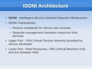 ISONI Architecture

   ISONI : Intellegent Service Oriented Network Infrastructure
   ISONI characteristic:
       Reduce complexity for roll-out new services
       Separate management hardware resources from
        services
   Upper Part : VSN (Virtual Service Network) provided by
    service developer
   Lower Part : Real Resources, VMU (Virtual Machine Unit)
    and link between VMU
 