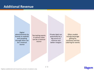 libgemHighly confidential and meant for private circulation only
| |7
Additional Revenue
Digital
advertisements by
brands on website
and sampling
through them can
be a revenue
source
Tea tasting events
in various cities
can be a revenue
source
Private label can
potentially be a
big source of
revenue and
better margins
Other models
include beverage
gifting for
occasions and tea
catering for events
 