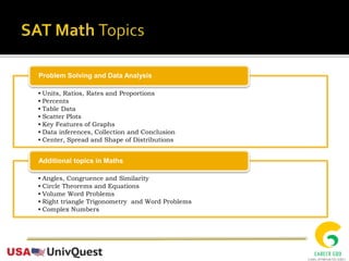• Units, Ratios, Rates and Proportions
• Percents
• Table Data
• Scatter Plots
• Key Features of Graphs
• Data inferences, Collection and Conclusion
• Center, Spread and Shape of Distributions
Problem Solving and Data Analysis
• Angles, Congruence and Similarity
• Circle Theorems and Equations
• Volume Word Problems
• Right triangle Trigonometry and Word Problems
• Complex Numbers
Additional topics in Maths
 