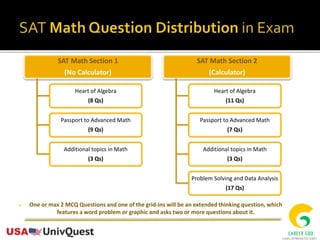  One or max 2 MCQ Questions and one of the grid-ins will be an extended thinking question, which
features a word problem or graphic and asks two or more questions about it.
SAT Math Section 1
(No Calculator)
Heart of Algebra
(8 Qs)
Passport to Advanced Math
(9 Qs)
Additional topics in Math
(3 Qs)
SAT Math Section 2
(Calculator)
Heart of Algebra
(11 Qs)
Passport to Advanced Math
(7 Qs)
Additional topics in Math
(3 Qs)
Problem Solving and Data Analysis
(17 Qs)
 