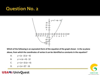 Which of the following is an equivalent form of the equation of the graph shown in the xy-plane
above, from which the coordinates of vertex A can be identified as constants in the equation?
A. y = (x - 2) (x – 6)
B. y = x (x + 4) - 12
C. y = (x + 2) (x – 6)
D. y = (x + 2)2 - 16
 