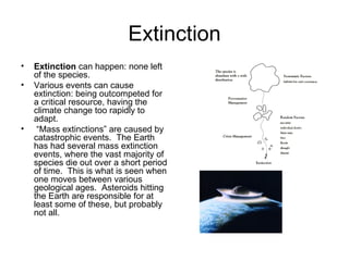 Extinction Extinction  can happen: none left of the species. Various events can cause extinction: being outcompeted for a critical resource, having the climate change too rapidly to adapt. “ Mass extinctions” are caused by catastrophic events.  The Earth has had several mass extinction events, where the vast majority of species die out over a short period of time.  This is what is seen when one moves between various geological ages.  Asteroids hitting the Earth are responsible for at least some of these, but probably not all.  