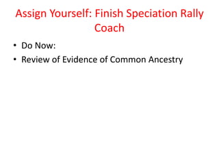 Assign Yourself: Finish Speciation Rally
Coach
• Do Now:
• Review of Evidence of Common Ancestry
 