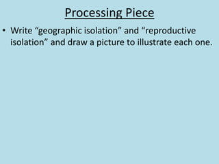 Processing Piece
• Write “geographic isolation” and “reproductive
isolation” and draw a picture to illustrate each one.
 