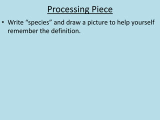 Processing Piece
• Write “species” and draw a picture to help yourself
remember the definition.
 