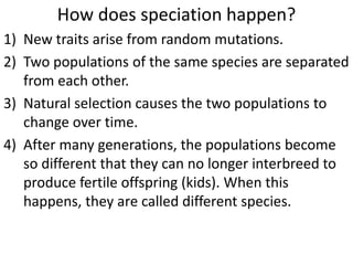 How does speciation happen?
1) New traits arise from random mutations.
2) Two populations of the same species are separated
from each other.
3) Natural selection causes the two populations to
change over time.
4) After many generations, the populations become
so different that they can no longer interbreed to
produce fertile offspring (kids). When this
happens, they are called different species.
 