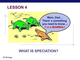 AP Biology
Mom, Dad…
There’s something
you need to know…
I’m a MAMMAL!
LESSON 4
WHAT IS SPECIATION?
 