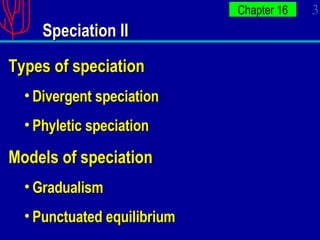 Speciation II Types of speciation Divergent speciation Phyletic speciation Models of speciation Gradualism Punctuated equilibrium 