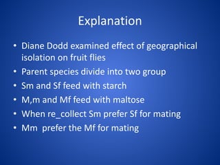 Explanation
• Diane Dodd examined effect of geographical
isolation on fruit flies
• Parent species divide into two group
• Sm and Sf feed with starch
• M,m and Mf feed with maltose
• When re_collect Sm prefer Sf for mating
• Mm prefer the Mf for mating

 